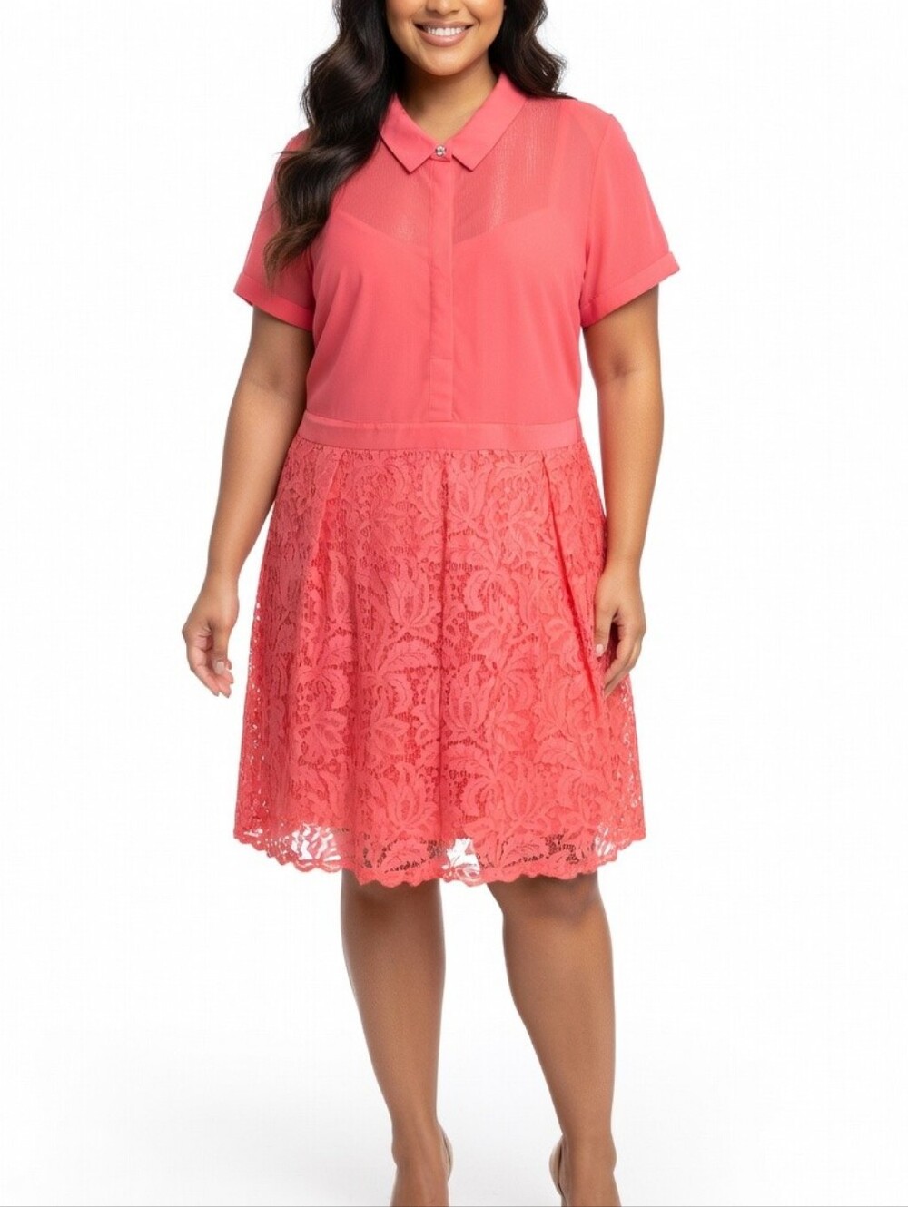 Nicolette Mason Coral Pink Lace Short Sleeve Collared Shirt Dress Size 16